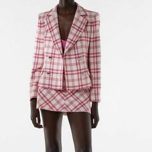 Zara textured pink and white plaid skirt new